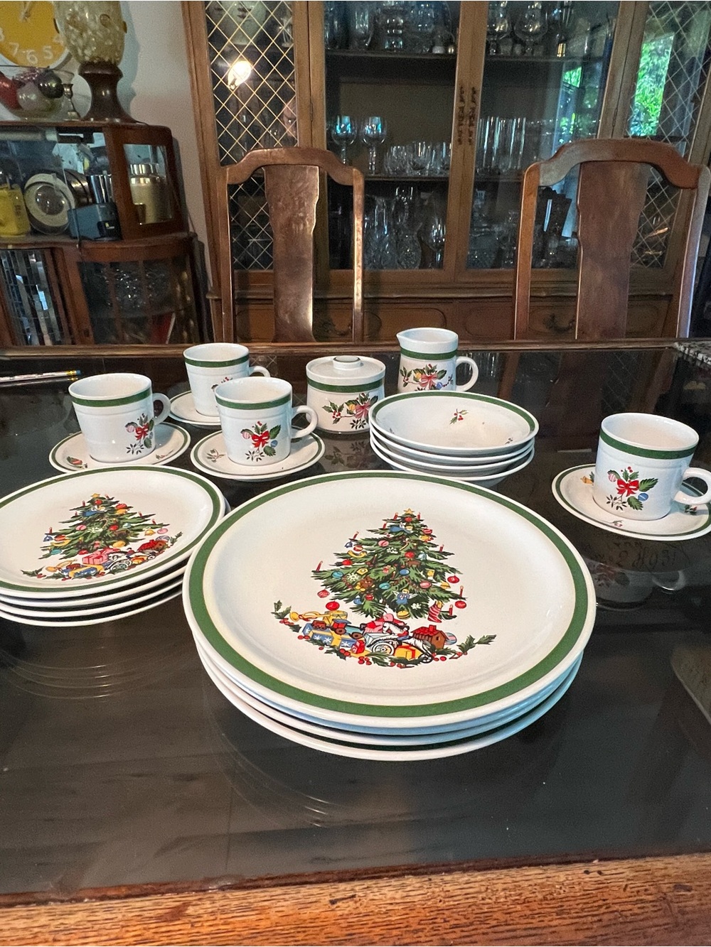 Festive Christmas Tree Stoneware Set with Green Trim